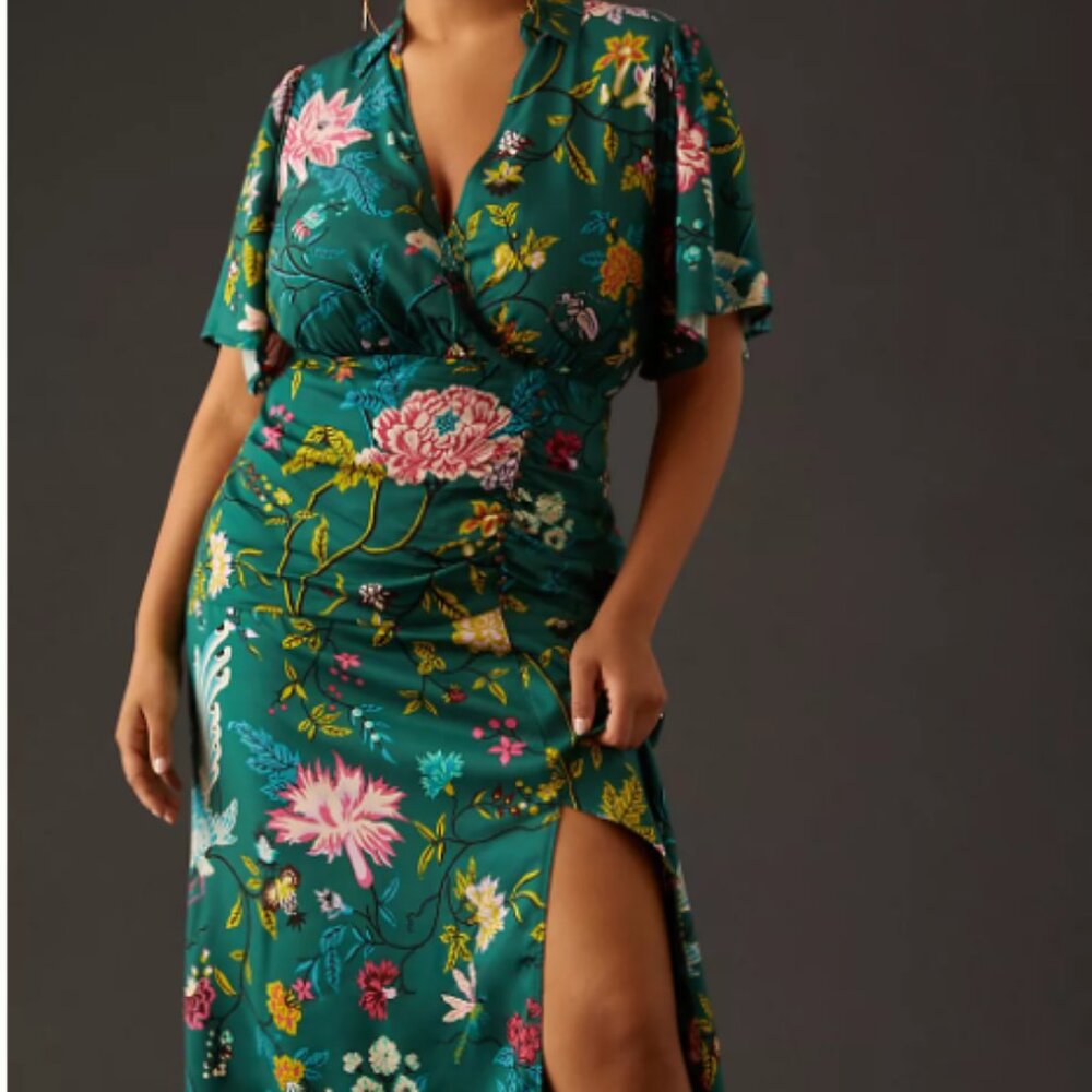 Maeve floral and bird print green dress 20W - anthropologie euc